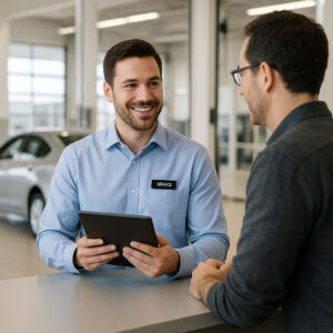 Customer service in car dealerships – smiling advisor helping customer in modern dealership.