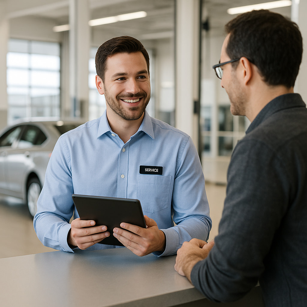 Customer service in car dealerships – smiling advisor helping customer in modern dealership.